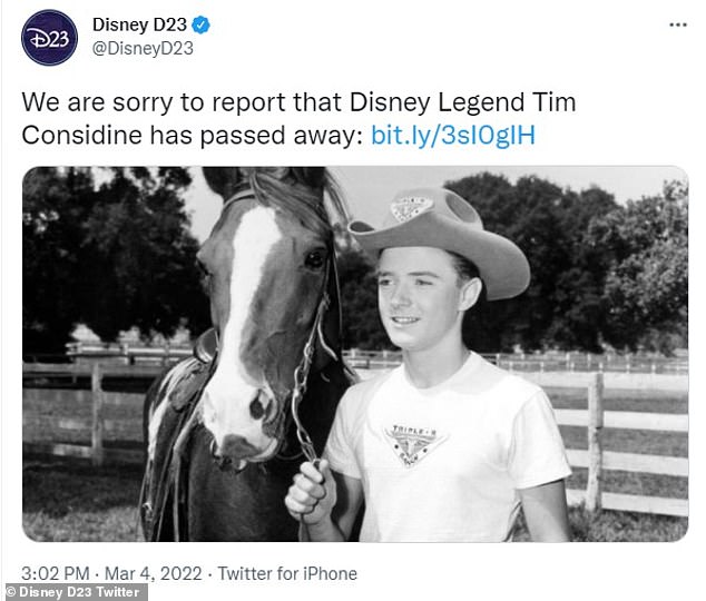 RIP: Disney paid tribute to Considine in a Twitter post on March 4, the day after his death