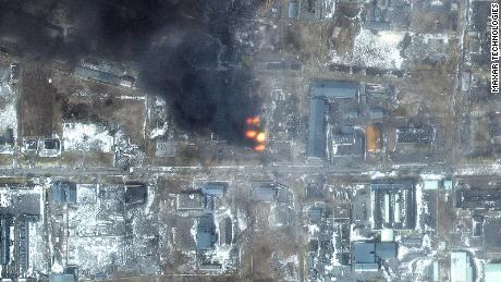 This satellite image shows fires in an industrial area in the western section of Mariupol on March 12.