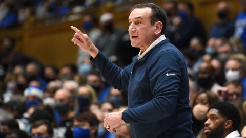 Duke Blue Devils coach Mike Krzyzewski directs his team during a game against the Appalachian State Mountaineers on December 16, 2021.