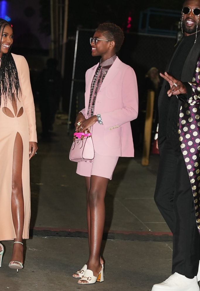 Zaya Wade, Gucci, pink suit, mule shoes, Gucci Love Parade fashion show