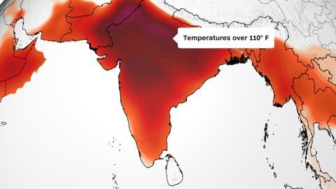 Extremely high temperatures are expected in India on Thursday, with temperatures over 90 degrees Fahrenheit indicated in orange, and temperatures above 100 degrees Fahrenheit indicated in dark red.