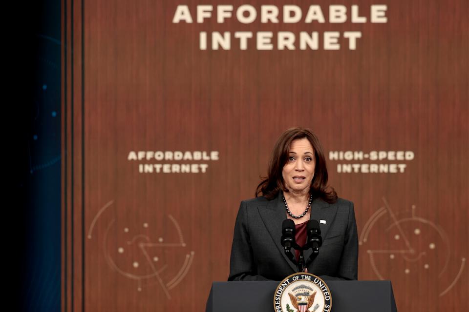 WASHINGTON, DC - FEBRUARY 14: US Vice President Kamala Harris delivers remarks on the Biden administration's affordable communication program in the Southern Courtroom of the Eisenhower Executive Office Building on February 14, 2022 in Washington, DC.  During the event, Harris announced that 10 million families have enrolled in the program, which helps families access affordable, high-speed internet.  (Photo by Anna Moneymaker/Getty Images)