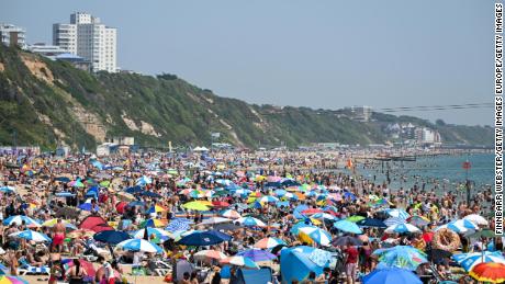 A crowded beach in Bournemouth on June 17 as Britain is exposed to sweltering temperatures. 