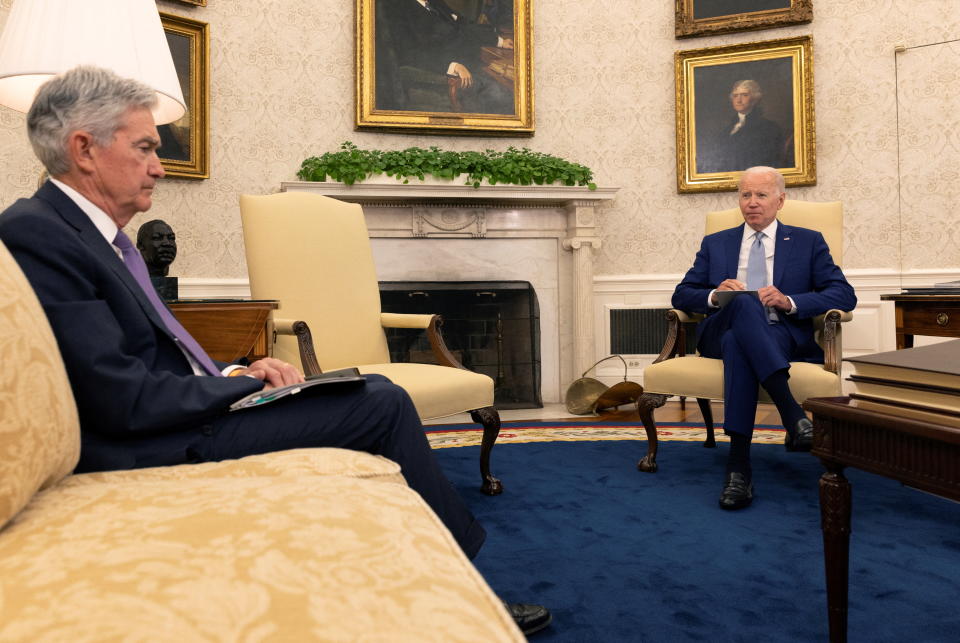 US President Joe Biden meets with Federal Reserve Chairman Jerome Powell and US Treasury Secretary Janet Yellen to talk about the economy in the Oval Office of the White House in Washington, DC, US, May 31, 2022. REUTERS/Lea Millis