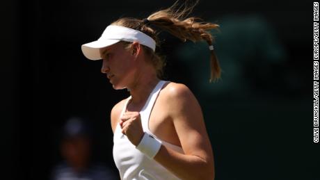 Rybakina celebrates against Jabeur during the women's singles final at Wimbledon.