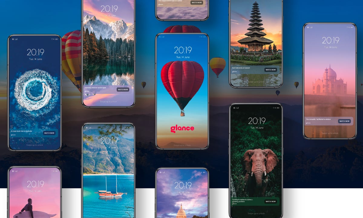 Screenshot of the Glance website showing lock screens on a number of phones