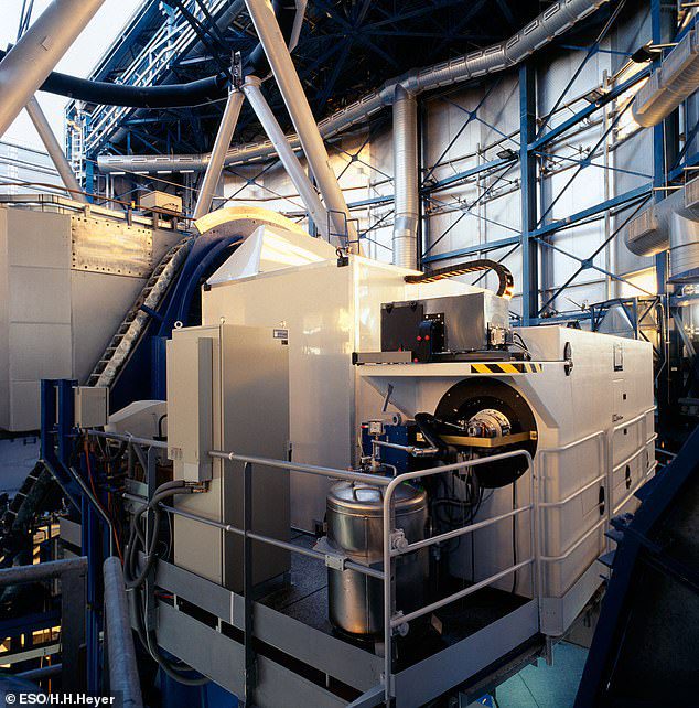 The FLAMES instrument, mounted on the Nasmyth A platform in ESO's Very Large Telescope.  FLAMES is a high-resolution VLT spectrogram that can reach targets over a large corrected field of view.  Allows to monitor more than one hundred objects simultaneously