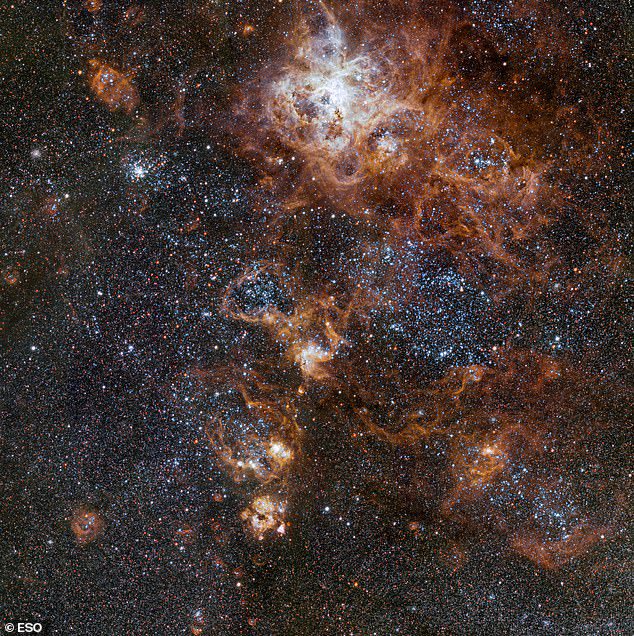 This image from the VLT Survey Telescope at ESO's Paranal Observatory in Chile shows the Tarantula Nebula and its surroundings within the Large Magellanic Cloud.  Shows star clusters, glowing gas clouds, and the scattered remnants of supernova explosions