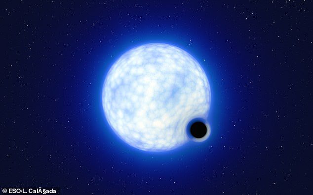 Artist's impression of the binary system VFTS 243. The system, located in the Tarantula Nebula in the Large Magellanic Cloud, consists of a hot blue star 25 times the mass of the Sun and a black hole, which is at least nine.  twice the mass of the sun