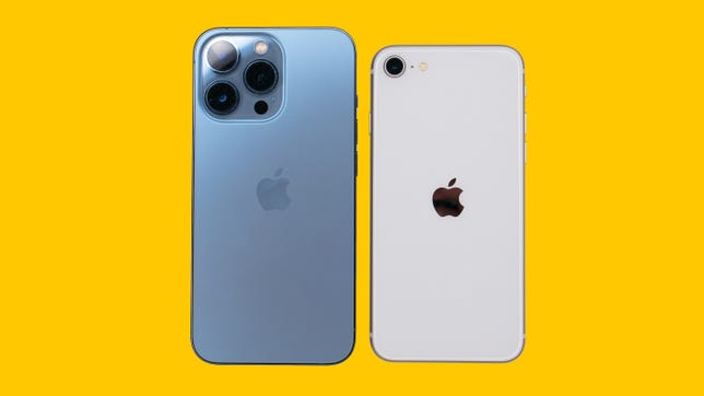 iphone 13 pro and iphone se on yellow background