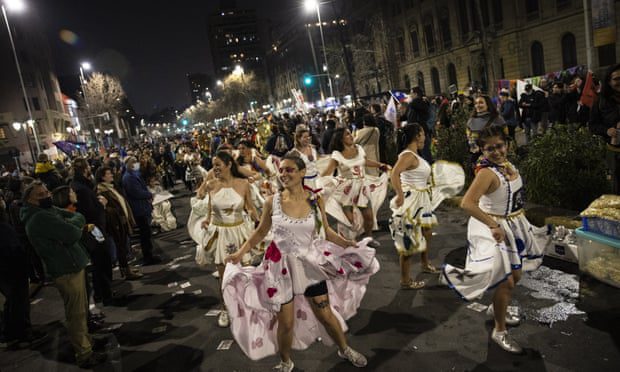 Dancers perform as part of the campaign closing for supporters of the new constitution, Santiago, September 1, 2022.