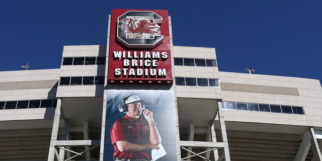 A view outside the field with a poster of former head coach Steve Spurrier of the South Carolina Gamecocks before a game against the Vanderbilt Commodores at Williams Press Stadium October 17, 2015, in Columbia, South Carolina