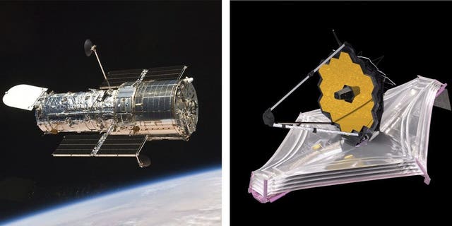 This set of images made available by NASA shows the orbiting Hubble Space Telescope