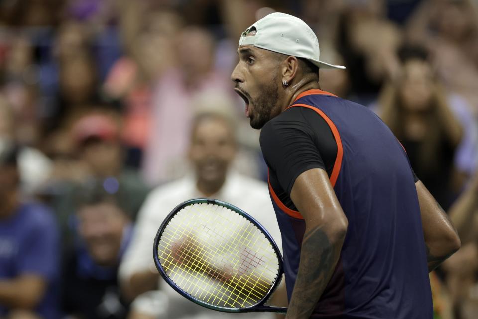 Australian Nick Kyrgios celebrates his victory in a match against Russian Daniil Medvedev, during the fourth round of the US Open, Sunday, September 4, 2022, in New York.  (AP Photo/Adam Hunger)