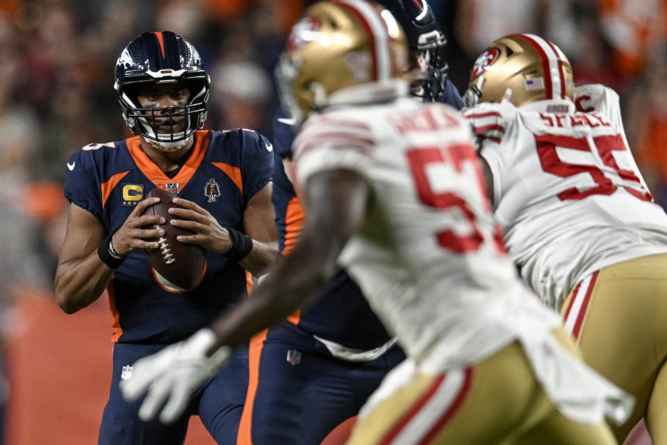 Up front, Russell Wilson and the Broncos struggled for most of their win over 49 players.  (Photo by AAron Ontiveroz/The Denver Post)