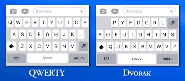 Side by side QWERTY and Dvorak keyboard layouts on iPhone.