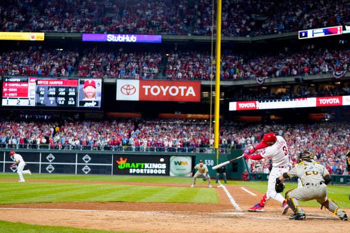 Phillies slugger Bryce Harper rips the RBI duo in Game 4 of the NLCS.