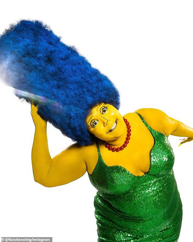 Huge Wig: She also wore Marge's long blue hair, red pearl necklace, and red heels