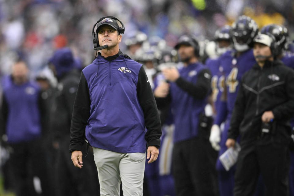 John Harbo, head coach of the Baltimore Ravens, watches from the sidelines in the second half of an NFL football game against the Buffalo Bills Sunday, Oct. 2, 2022 in Baltimore.  (AP Photo/Nick Wass)