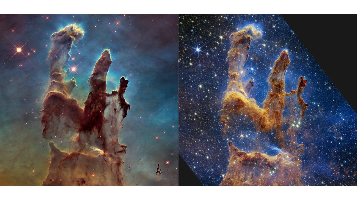 The Pillars of Creation as seen by the Hubble Telescope (left) and the Webb Telescope (right)