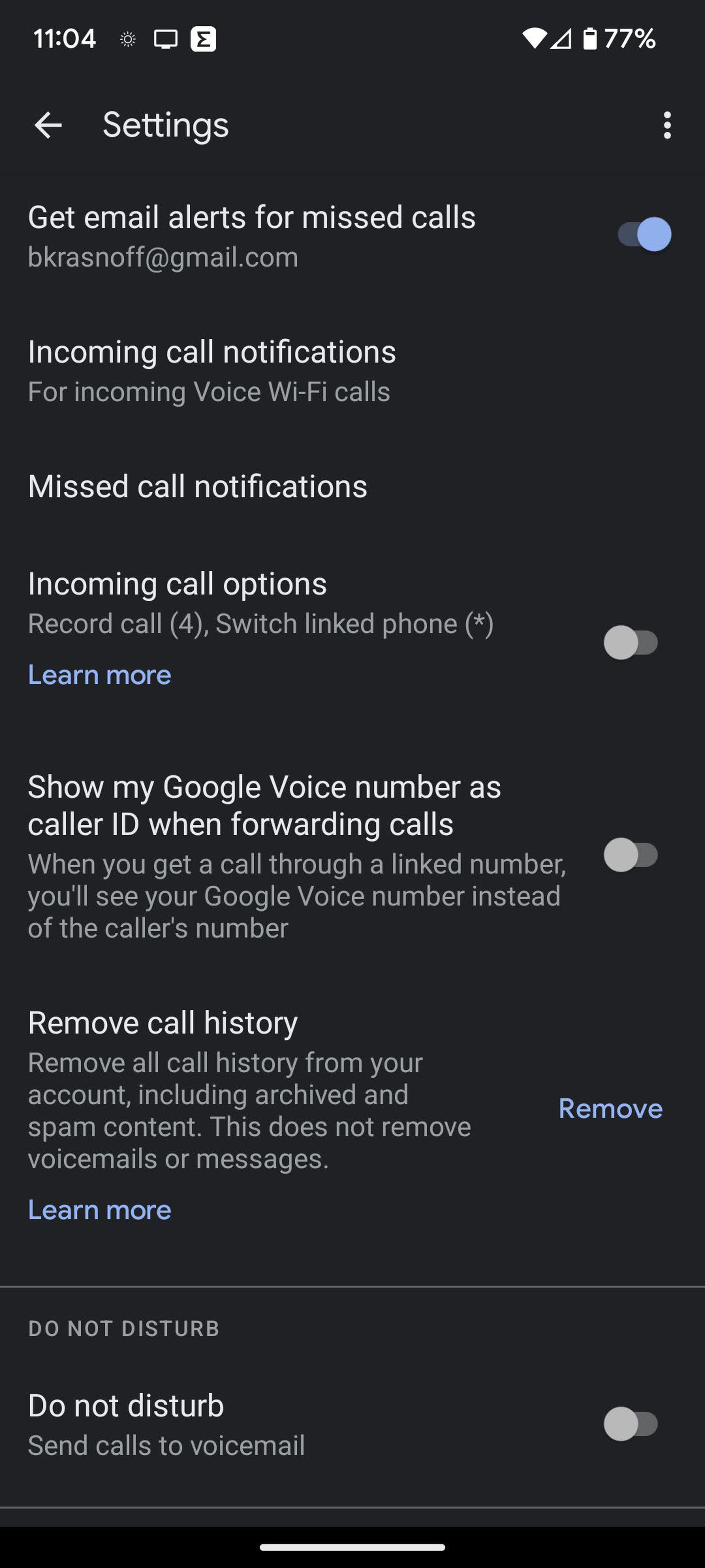 The settings menu for Google Voice shows a toggle 