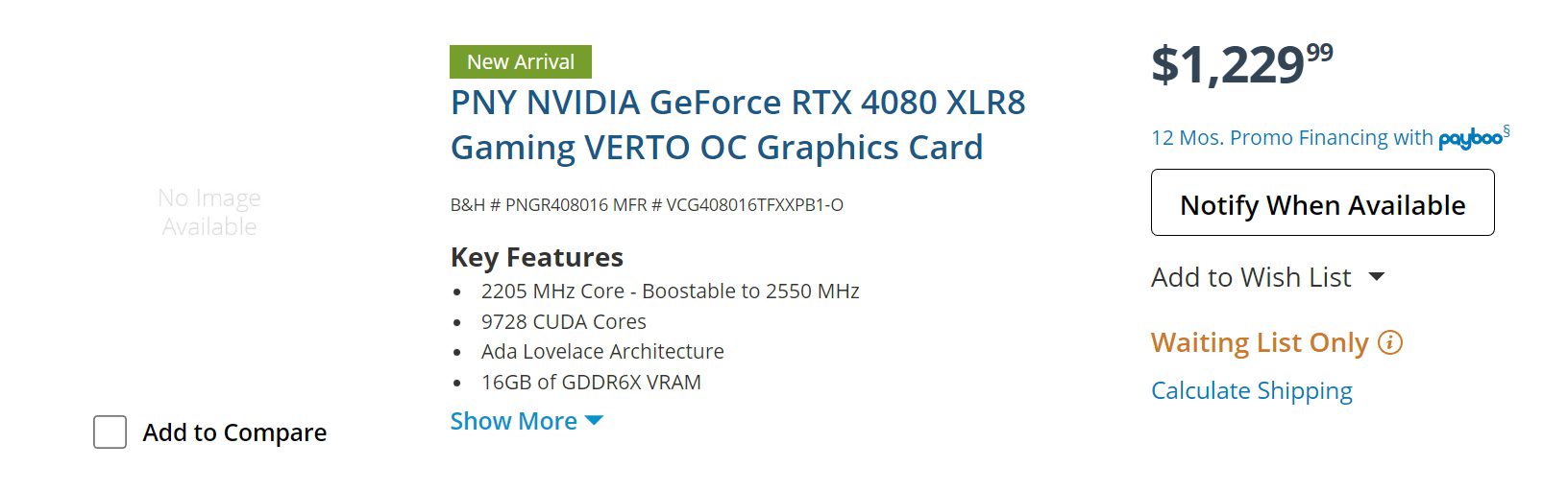Screenshot of the B&H website with the Notify When Available button showing where to buy the RTX 4080