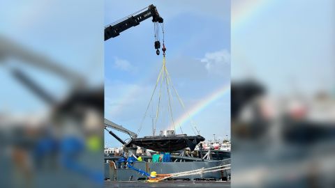 A double rainbow appeared across the sky over LOFTID's heat shield as it was being transported in port in Hawaii.
