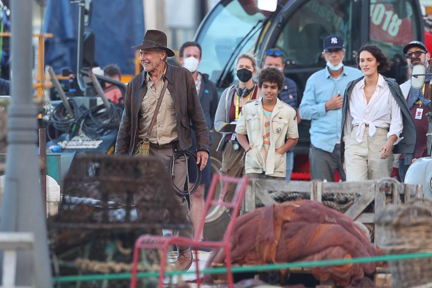 Harrison Ford, Phoebe Waller-Bridge seen on set "Indiana Jones 5" In Sicily on October 18, 2021 in Castellammare del Golfo, Italy.